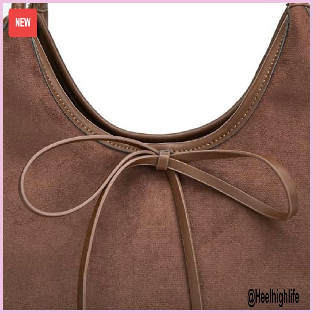 Large Suede Hobo Shoulder Bag with Bow Detail - Holds iPad Essentials - Picture 5 of 8